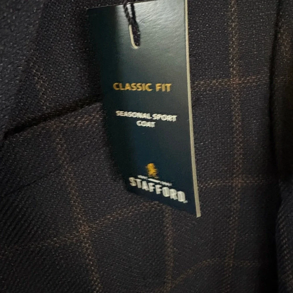 Stafford Mens Navy Windowpane Wool Blend‎ Sport Coat Blazer 46L Classic Fit NEW